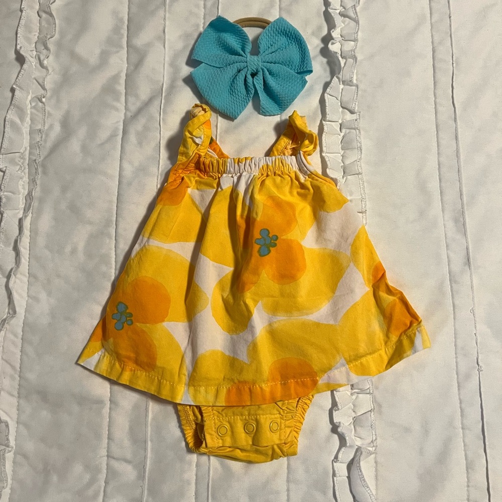 Newborn baby girl yellow dress with attached onesie - never worn